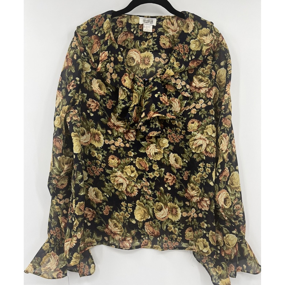 Vintage Sostanza Y2K Navy Floral Ruffled Popover Blouse Size Medium Flowy